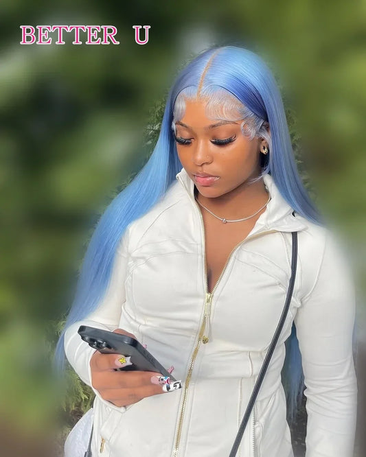Light Blue Straight 13X6 Transparent Lace Front Human Hair Wig Pre-Plucking Brazilian 613 Colored 13x4 Lace Front Wig For Women